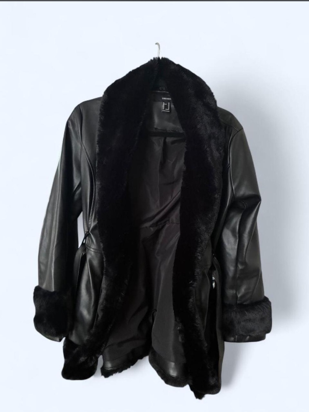 Women's Black Faux Leather Jacket with Faux Fur
